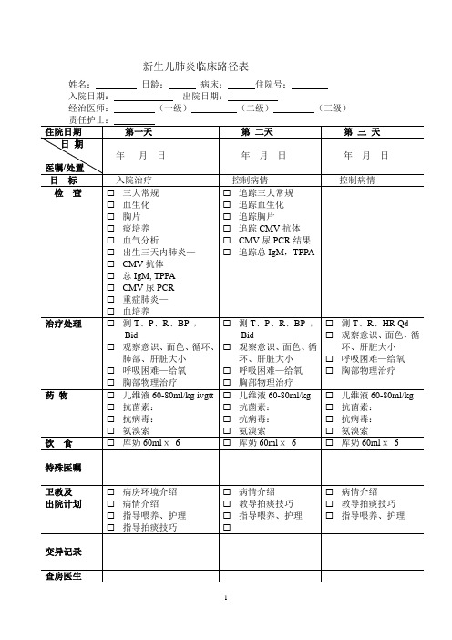 新生儿肺炎临床路径表