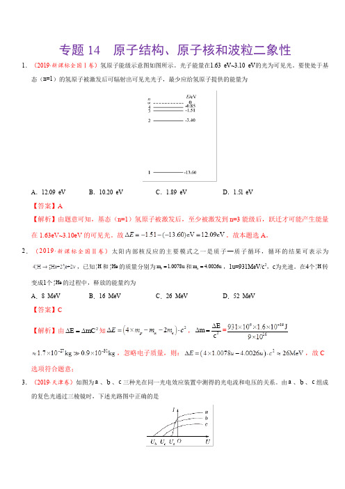 三年(2017-2019)高考真题物理分项汇编：专题14 原子结构、原子核和波粒二象性(含解析)