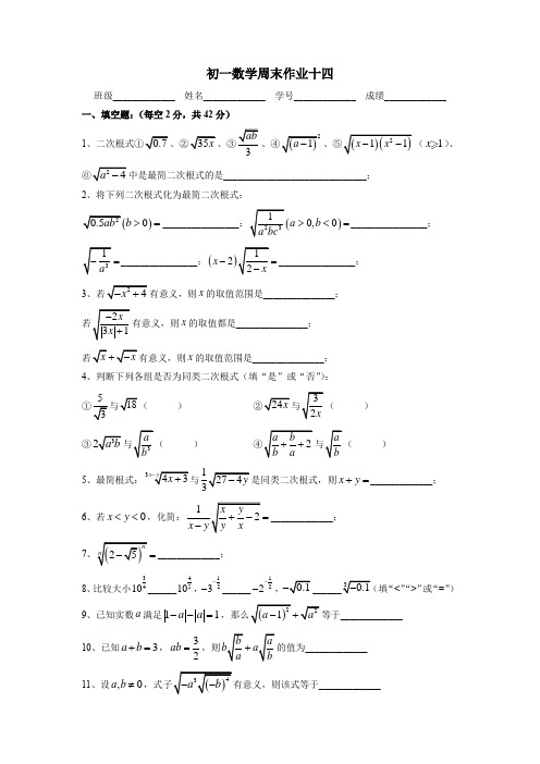 2021-2022学年上海市民办华育中学七年级数学下学期周末作业(周周练)十四