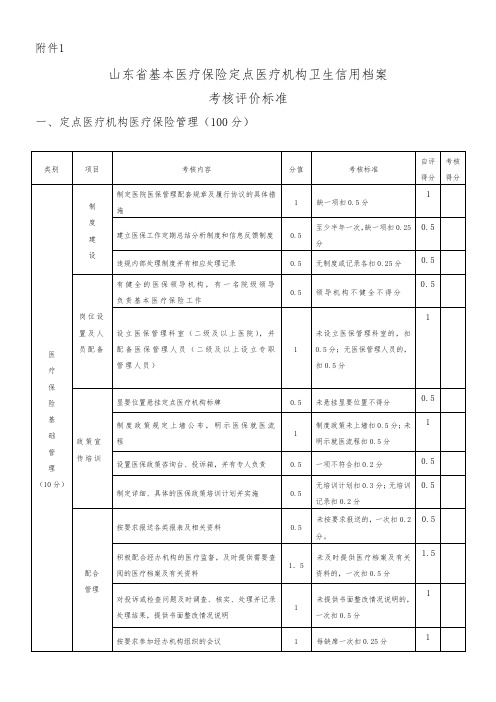 山东省基本医疗保险定点医疗机构卫生信用档案考核评价标准