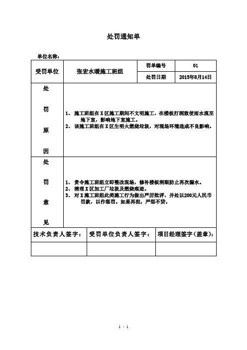 建筑工程施工处罚单模板