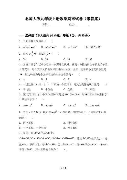 北师大版九年级上册数学期末试卷(带答案)