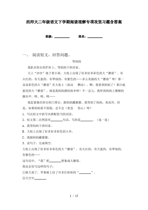 西师大二年级语文下学期阅读理解专项攻坚习题含答案