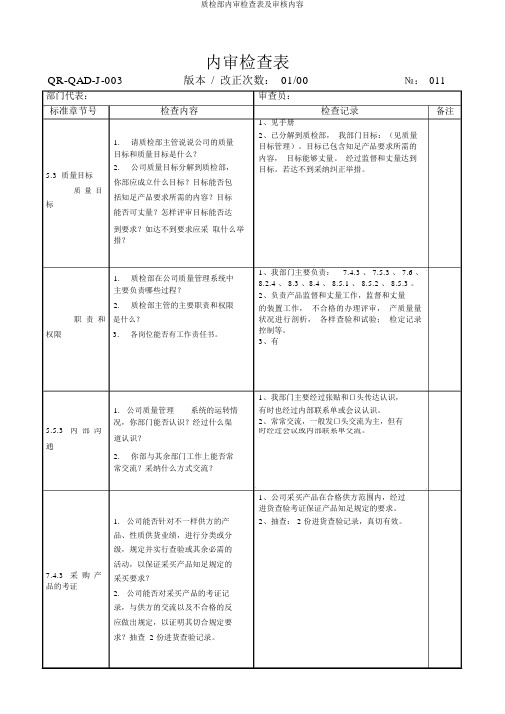 质检部内审检查表及审核内容