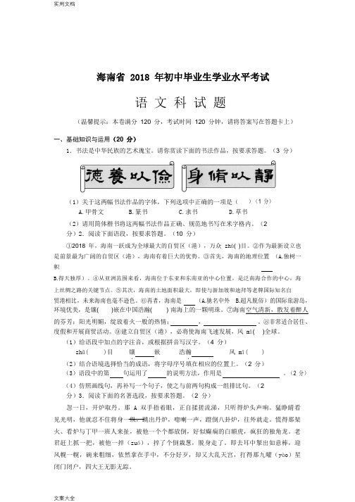 海南省2018年初中毕业生学业水平考试(含问题详解)