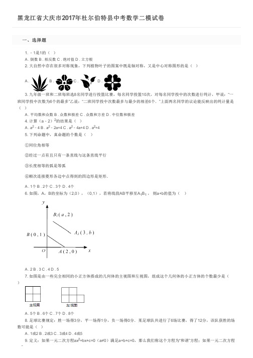 黑龙江省大庆市2017年杜尔伯特县中考数学二模试卷      及参考答案