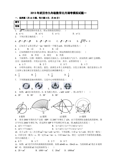 2013年武汉市九年级数学元月调考模拟试题