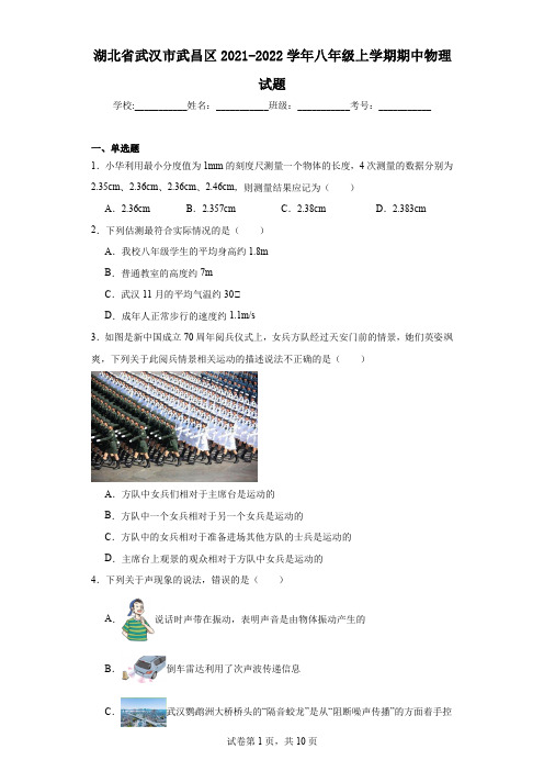 湖北省武汉市武昌区2021-2022学年八年级上学期期中物理试题