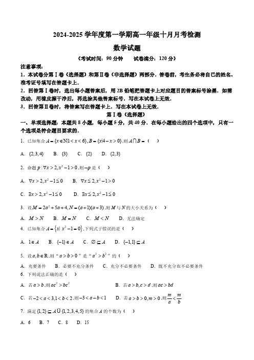 山东省青岛第六十六中学2024-2025学年高一上学期10月月考数学试卷(无答案)