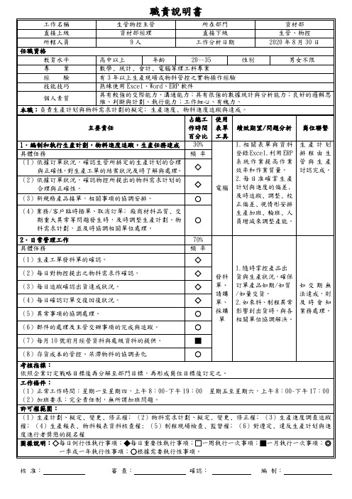 生管物控主管职务说明书