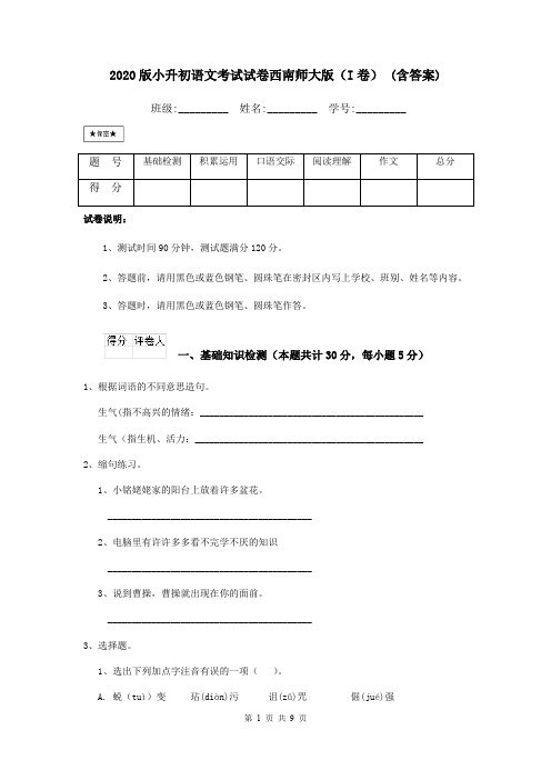 2020版小升初语文考试试卷西南师大版(I卷) (含答案)