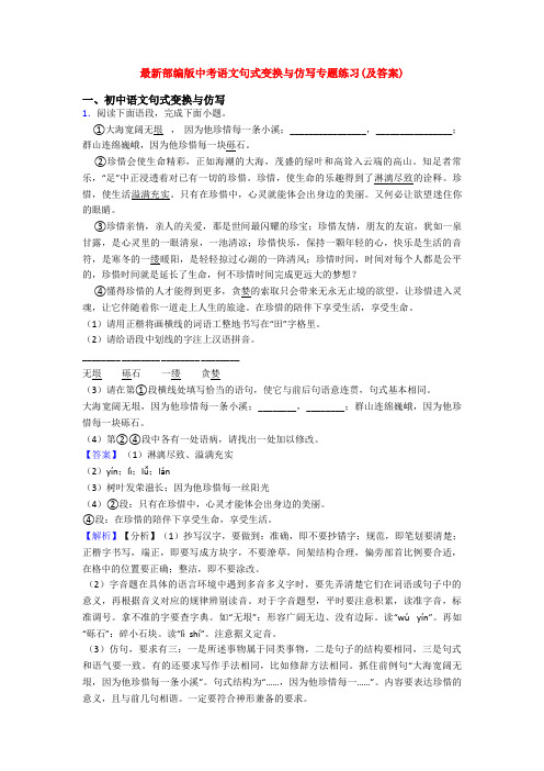 最新部编版中考语文句式变换与仿写专题练习(及答案)