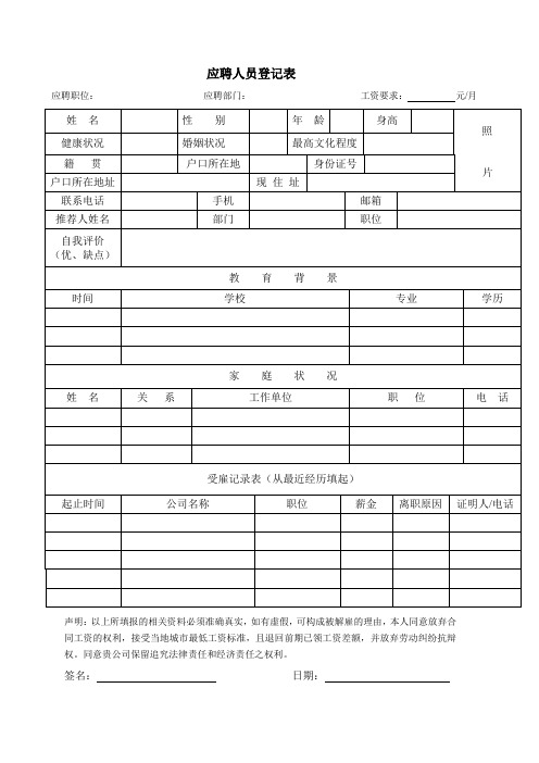 应聘人员登记表