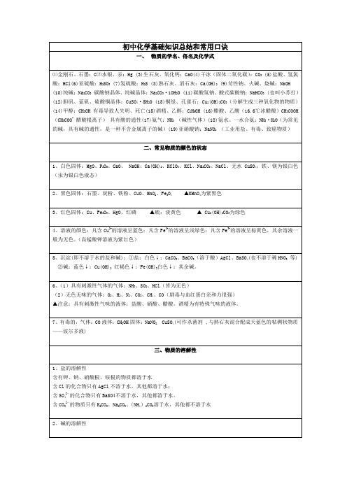 初中化学基础知识总结和常用口诀