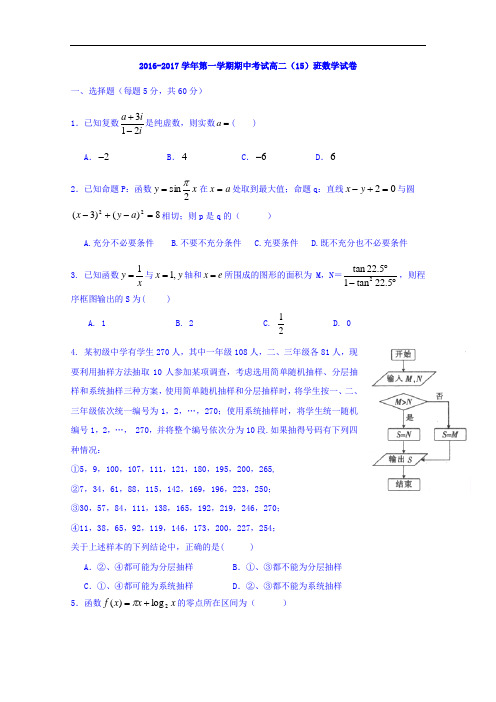 江西省景德镇市第一中学高二上学期期中考试数学(15班)