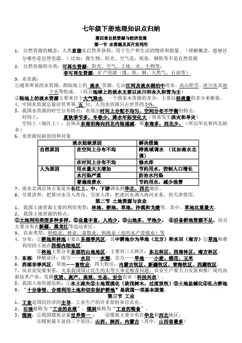 中图版地理七年级下册期中知识点归纳总结