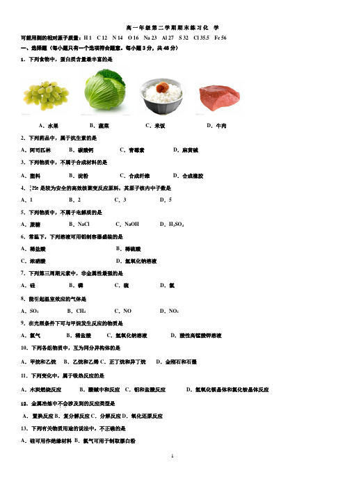 高一年级第二学期期末练习化  学  海淀