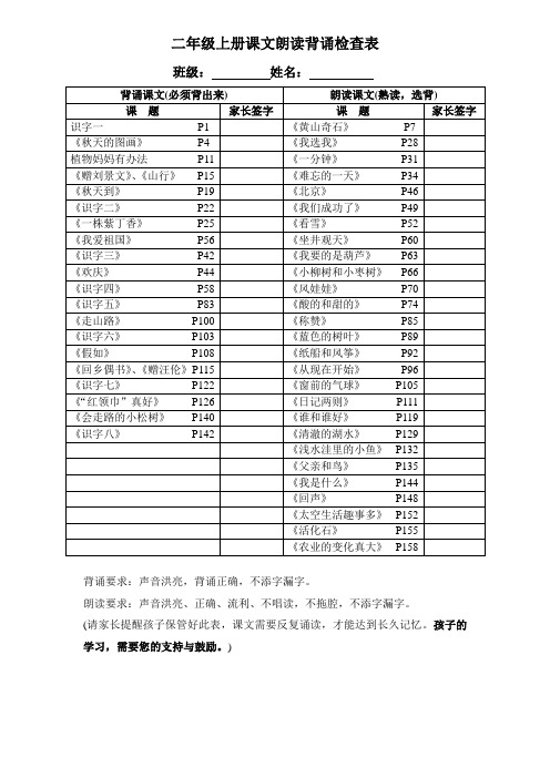 二年级上册课文朗读背诵检查表