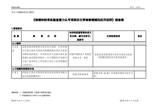 CL10-2012《化学检测领域的应用说明》核查表