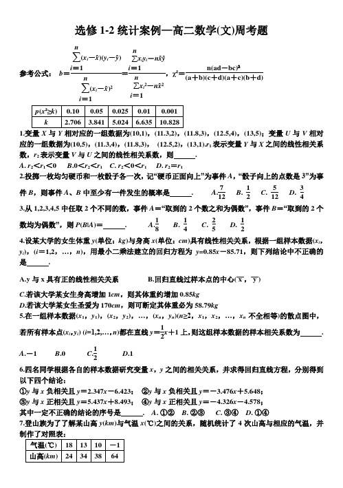 选修1-2统计案例—高二数学(文)周考题(精编完美版)