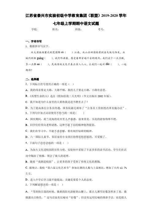 江苏省泰兴市实验初级中学教育集团(联盟)2020至2021学年七年级上学期期中语文试题