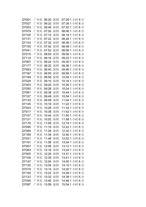 动车组 广州东到深圳的时刻表(按 广州东到深圳)