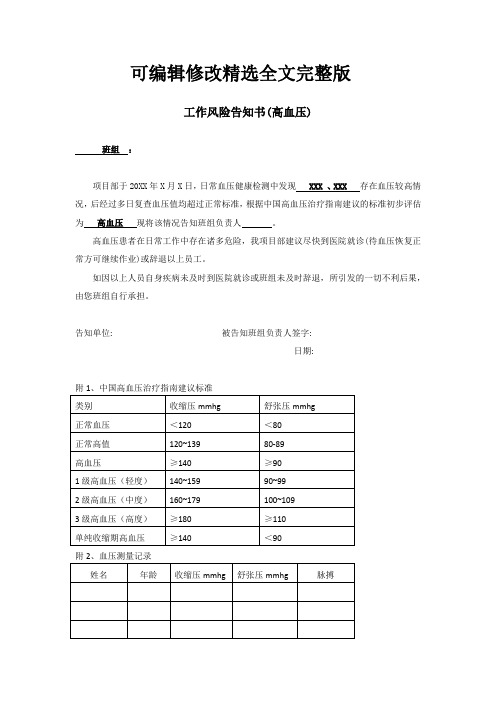 工作风险告知书(高血压)可修改全文