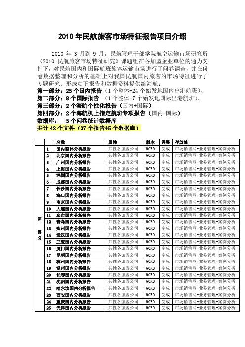 2010民航旅客市场特征报告项目介绍