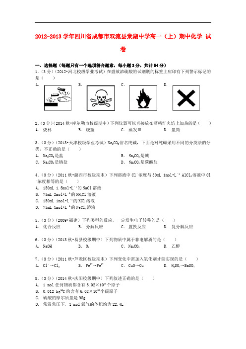 四川省成都市双流县棠湖中学高一化学上学期期中试卷(含解析)