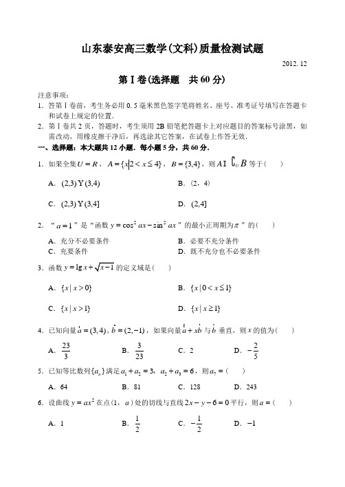 山东省泰安市宁阳二中2012—2013上学期高三数学(文科)12月质检考试试卷