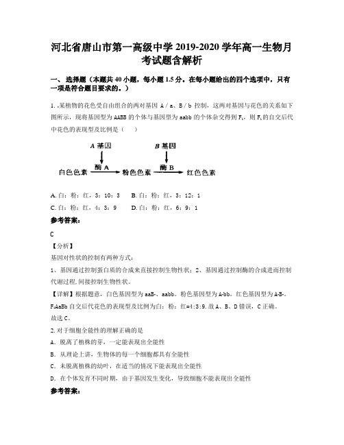 河北省唐山市第一高级中学2019-2020学年高一生物月考试题含解析