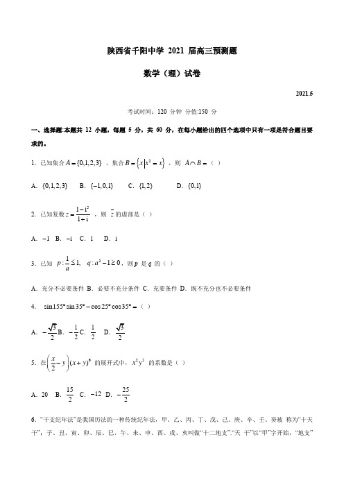 陕西省宝鸡市千阳中学2021届高三下学期5月押题卷  数学(理) 试题 (含答案)