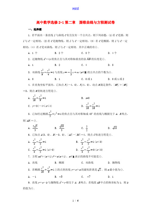 高中数学 第二章 圆锥曲线与方程单元检测 新人教版选修2-1-新人教版高二选修2-1数学试题