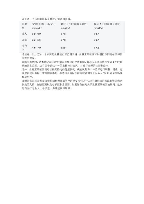 新版血糖值正常范围表格