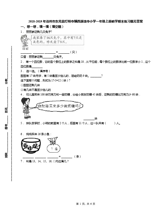 2018-2019年沧州市东光县灯明寺镇西源流寺小学一年级上册数学期末练习题无答案