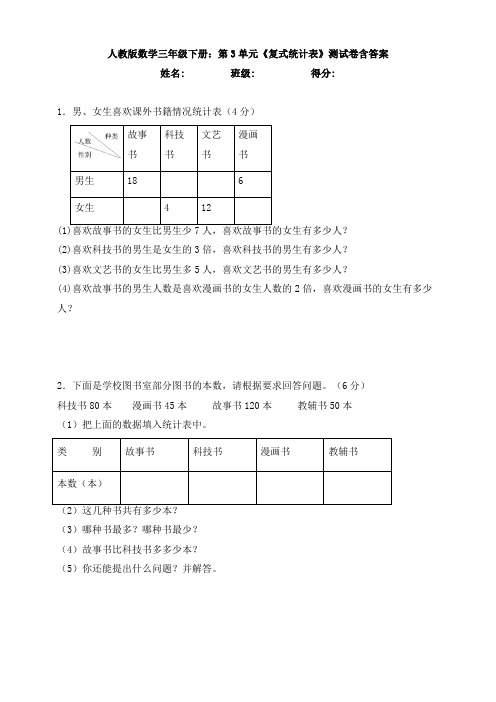 新人教版数学三年级下册：第3单元《复式统计表》测试卷含答案