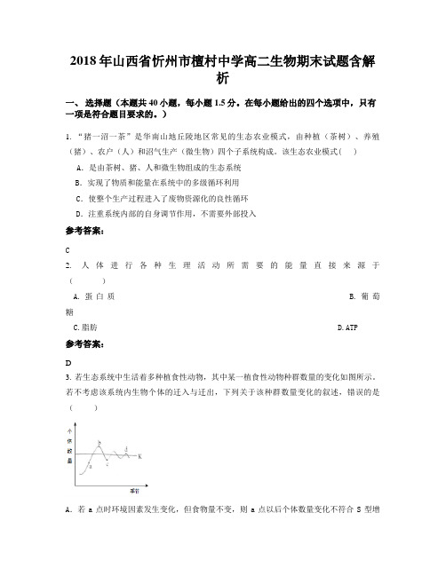 2018年山西省忻州市檀村中学高二生物期末试题含解析