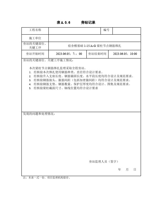 [监理资料]梁柱钢筋绑扎旁站记录