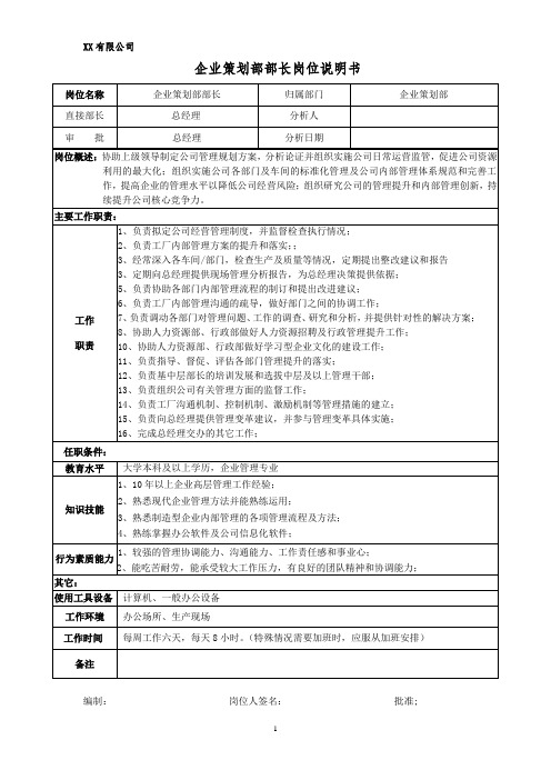 企业策划部部长岗位说明书(企划部)