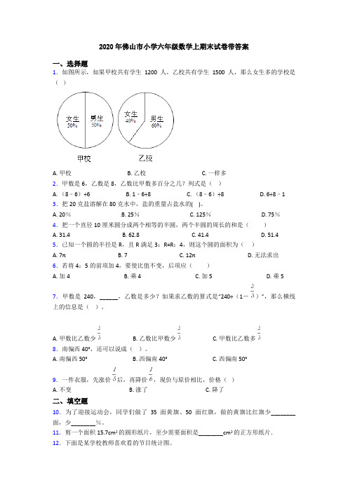 2020年佛山市小学六年级数学上期末试卷带答案