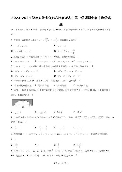 2023-2024学年安徽省合肥六校联盟高二第一学期期中联考数学试题+答案解析(附后)