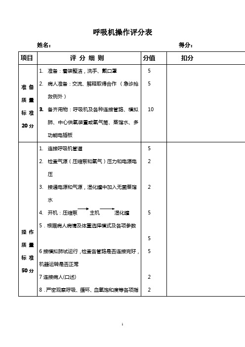 呼吸机操作评分表