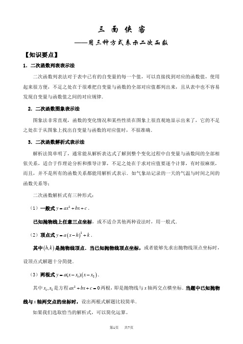 九年级数学辅导： 二次函数用三种方式表示二次函数