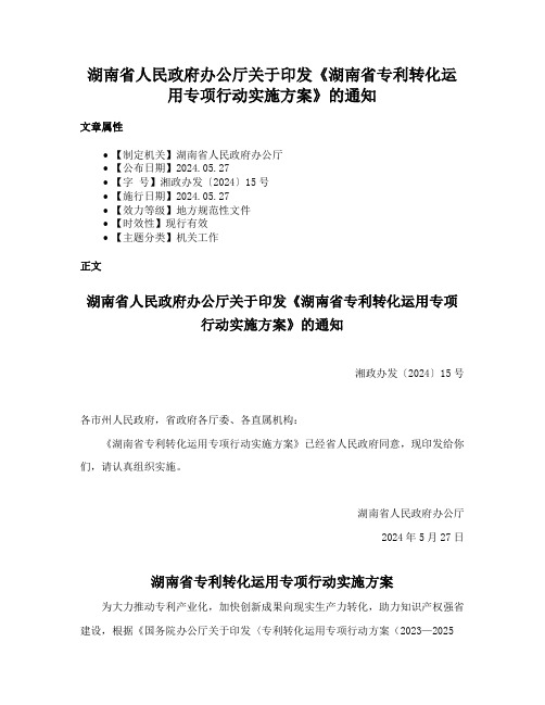 湖南省人民政府办公厅关于印发《湖南省专利转化运用专项行动实施方案》的通知