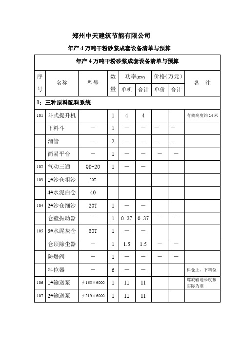 年产4万吨干粉砂浆设备清单跟预算.doc