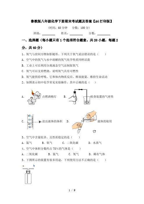 鲁教版八年级化学下册期末考试题及答案【A4打印版】