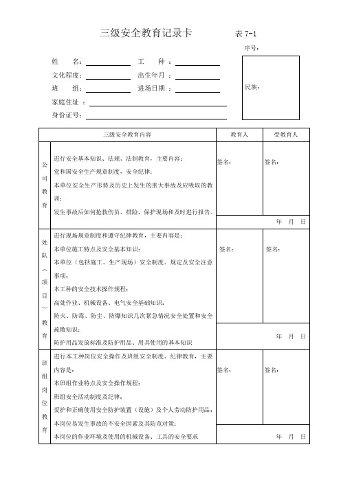 三级安全教育记录卡