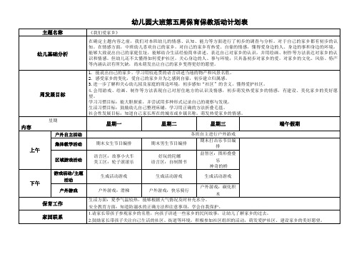 幼儿园大班第五周保育保教活动计划表