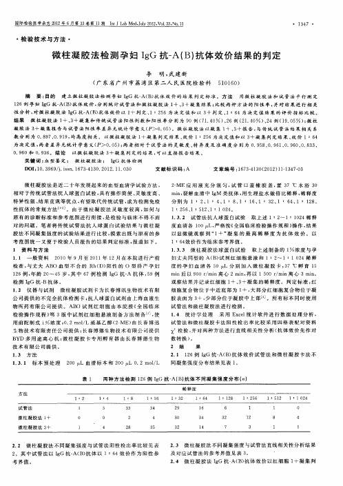 微柱凝胶法检测孕妇IgG抗-A(B)抗体效价结果的判定