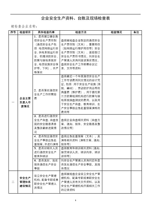 通信工程企业安全生产资料、台账及现场检查表